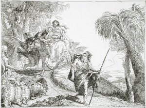 A Sagrada Família desce por um caminho na floresta, junto de um rebanho e de alguns pastores de Giovanni Domenico Tiepolo
