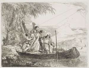 A Sagrada Família Entrando no Barco com a Ajuda dos Anjos, placa dezesseis de A Fuga para o Egito de Giovanni Domenico Tiepolo