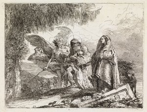 A Sagrada Família acompanhada por um anjo (A Fuga para o Egito XII) de Giovanni Domenico Tiepolo
