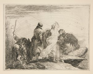 A Sagrada Família Deixando a margem do rio, da série Idee pittoresche sopra la fuga em Egitto (Voo para o Egipto) de Giovanni Domenico Tiepolo