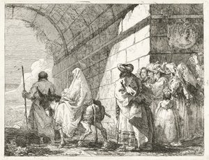 A Sagrada Família passa por baixo de um arco da cidade de Giovanni Domenico Tiepolo