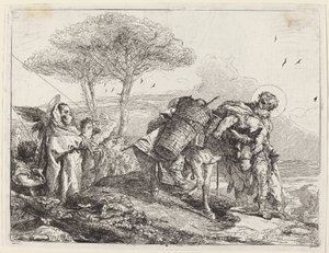 A Madona e o Menino à esquerda, com um arquivo de anjos de Giovanni Domenico Tiepolo