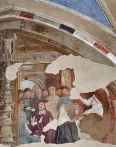 Representação de Santa Catarina de Sena em frente ao Papa Gregoire XI a Avignon Fresco por Giovanni Donato da Montorfano (1460-1502) Bezel da capela Bolla, nave esquerda (Santa Catarina de Sena em frente ao Papa Gregório XI em Avignon) Fresco por Giovanni 