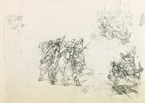 Três esboços para grupos de soldados (lápis preto) de Giovanni Fattori