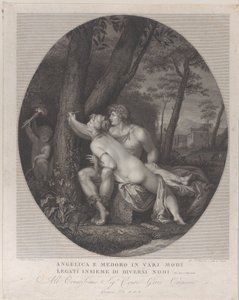 Angélica deitada no colo de Medoro e escreve seus nomes em um tronco de árvore, 1784-1836. de Giovanni Folo