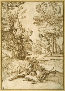Uma paisagem com dois pastores em repouso, enquanto um sátiro e uma dança das cabras (caneta e tinta sobre papel) de Giovanni Francesco Grimaldi