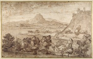 Paisagem com uma cidade montanhosa e uma montanha mais distante (caneta e tinta marrom com lavagem marrom em papel branco) de Giovanni Francesco Grimaldi