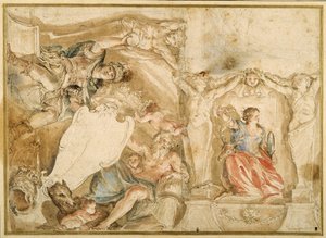 Decoração alegórica para um canto de um teto amado (caneta e tinta com lavagem, aquarela e guache sobre giz sobre papel) de Giovanni Francesco Romanelli