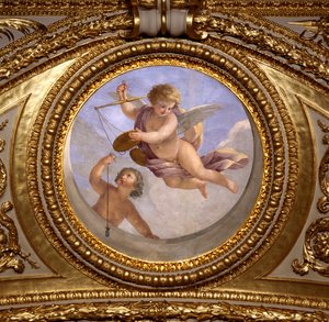 Amor à Justiça. Pintura de Giovanni Romanelli (1601-1662) decorando o teto do Antonine Hall, quarto dos apartamentos de verão da Rainha Ana da Áustria (1601-1666). Por volta de 1655-1658. Paris, Museu do Louvre.