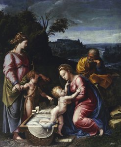 A Sagrada Família com o jovem João Batista e Santa Catarina par Penni, Gianfrancesco (1496-1528). Óleo sobre madeira, tamanho : 115,5x95, c. 1525, Muzeum Narodowe, Varsóvia.