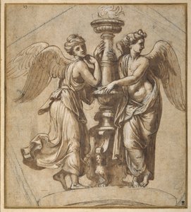 Vitórias abraçando um candelabro (caneta e tinta marrom com giz preto sobre papel) de Giovanni Francesco (c.1488 1528) Penni