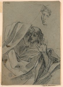 Estudos de desenho com rosto de mulher e homem reclinado e mão direita com antebraço de Giovanni Francesco Barbieri