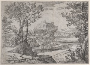 Uma família sentada à beira de um rio, 1643. de Giovanni Francesco Grimaldi