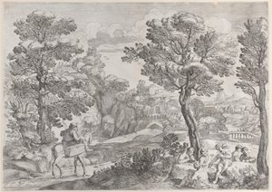 Um grupo de pessoas jogando cartas à direita e um homem a cavalo à esquerda, 1626-80.