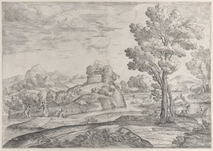 Uma casa em cima de uma pedra redonda no centro, pessoas no rio e em canoas, 1626-80.