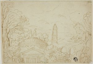 Paisagem com templo, obelisco e aqueduto de Giovanni Francesco Grimaldi