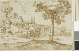 Paisagem com uma grande árvore à direita e uma vista distante de uma cidade à esquerda de Giovanni Francesco Grimaldi