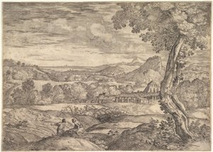 Paisagem com uma fábrica de tijolos ao meio, um homem de pé em primeiro plano p..., 1626-80.