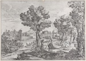 Paisagem com um homem segurando uma cobra para uma criança aterrorizada, observada por um vestido da moda, 1626-80. de Giovanni Francesco Grimaldi