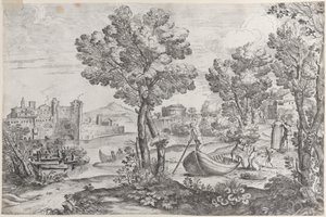 Paisagem com um homem segurando uma cobra para uma criança aterrorizada, observada por um vestido da moda, 1626-80. de Giovanni Francesco Grimaldi