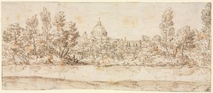 Paisagem fluvial com vista para a Basílica de São Pedro, depois de 1660. de Giovanni Francesco Grimaldi