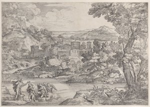 O Batismo de Cristo no canto inferior esquerdo, dentro de uma paisagem, 1626-80., 1626-80. de Giovanni Francesco Grimaldi