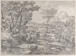 Três meninos em uma paisagem com uma cidade ao fundo, 1626-80. de Giovanni Francesco Grimaldi