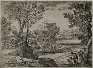 Mulher, seu filho e um homem de pé em uma paisagem de Giovanni Francesco Grimaldi