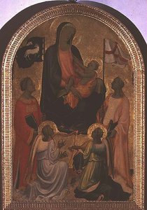 Madonna e Child com St. Stephen e St. Ursula (tempera no painel)