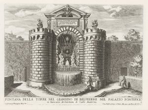 Fontein in de Vaticaanse tuinen
Fontana della torre nel giardino di Belvedere nel Palazzo Pontificio (...) (título sobre o objecto)
Le fontane ne palazzi e ne giardini di Roma (título da série)
Fonteinen in de paleizen en tuinen van Rome (título da séri de Giovanni Francesco Venturini