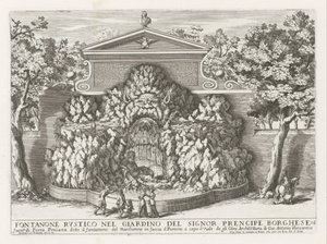 Fontein in de Villa Borghese te Rome
Fontanone rustico nel giardino del signor prencipe Borghese (...) (título sobre o objecto)
Le fontane ne palazzi e ne giardini di Roma (título da série)
Fonteinen in de paleizen en tuinen van Rome (título da série) de Giovanni Francesco Venturini