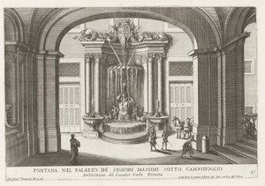 Fontein in de binnenplaats van het Palazzo Massimo di Rignano te Rome Fonte no Palazzo de Signori Massimi sob o Campidoglio (título no objeto) As fontes nos palácios e jardins de Roma (título da série) Fonteinen in de paleizen en tuinen van Rome (grave de Giovanni Francesco Venturini