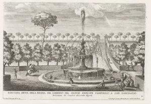 Fontein in de tuinen van Villa Doria Pamphilj te Rome
Fontana detta della regina nel giardino del signor principe Pamphilio a San Pancratio (título sobre o objecto)
Le fontane ne palazzi e ne giardini di Roma (título da série)
Fonteinen in de paleizen e de Giovanni Francesco Venturini