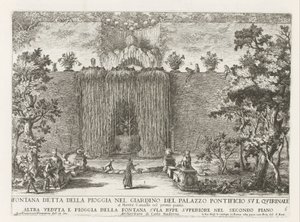 Fontein in de tuinen van het Palazzo del Quirinale te Rome
Fontana detta della pioggia nel giardino del palazzo pontificio sul Quirinale (...) (título sobre o objecto)
Le fontane ne palazzi e ne giardini di Roma (título da série)
Fonteinen in de paleize de Giovanni Francesco Venturini