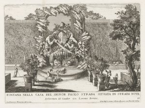 Fonte com um brasão de armas papal, dois tritões e golfinhos
Fontana nella casa del signor Paolo strada situata in strada nova (título sobre o objecto)
Le fontane ne palazzi e ne giardini di Roma (título da série)
Fontes nos palácios e jardins de Roma ( de Giovanni Francesco Venturini