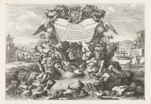 Fonte com dedicatória e brasão de Livio Odescalchi Le fontane ne palazzi e ne giardini di Roma (título da série) Fontes nos Palácios e Jardins de Roma (título da série) de Giovanni Francesco Venturini