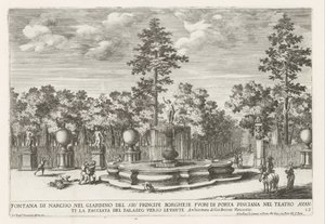 Fontein van Narciso em de Villa Borghese te Roma Fonte de Narciso no jardim do Sr. Príncipe Borghese (...) (título no objeto) As fontes nos palácios e jardins de Roma (título da série) Fonteinen in de paleizen en tuinen van Rome (título da série) de Giovanni Francesco Venturini