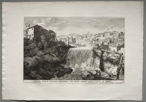 As Fontes de Roma, Livro IV, placa 27: Vista da Cascata Principal do Rio Aniene na Cidade de Tivoli. de Giovanni Francesco Venturini