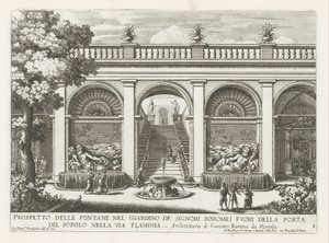 Tuin van een paleis te Rome
Prospetto delle fontane nel giardino de signori Boromei (...) (título sobre o objecto)
Le fontane ne palazzi e ne giardini di Roma (título da série)
Fonteinen in de paleizen en tuinen van Rome (título da série) de Giovanni Francesco Venturini