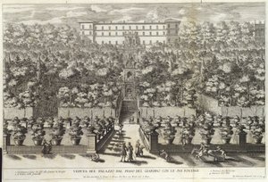 Vista do palácio do plano do jardim com suas fontes, de La Fontane, bar. c 1691 de Giovanni Francesco Venturini