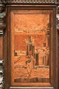 Gênova, Duomo (Catedral de São Lourenço), interior, abside, coro, lado norte: "O Batista no deserto", madeira intarsia de Giovanni Francesco Zambelli (século XVI) de Giovanni Francesco Zambelli