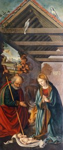 Adoração do Menino, painel central do Tríptico representando a Natividade com os Santos Francisco e Bartolomeu com dois doadores de Giovanni Girolamo Savoldo