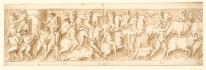 Um assentamento alemão é destruído (final da LXXI); os alemães em fuga são perseguidos (LXXII); Mulheres (não representadas pela Guerra) e animais levados (LXXIII) de Giovanni Guerra
