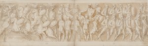 cavalaria romana (LXV); uma cabeça decepada (interpretada como prisioneiro por Guerra) e um prisioneiro alemão são levados perante o imperador (LXVI); Romanos avançando (LXVII) de Giovanni Guerra