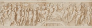 Soldados romanos construindo um acampamento (final de LXXXII); um endereço (LXXXIII); Romanos atravessando um rio em uma ponte flutuante (LXXXIV); mulheres são feitas prisioneiras (início de LXXXV) de Giovanni Guerra