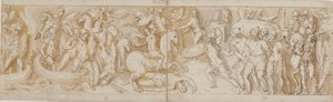 Soldados romanos cruzando um rio em barcos (em grande parte restauração; XXXIV)2; um soldado romano combatente (a partir do final do XXIV); Guardas romanos trazendo prisioneiros bárbaros perante o imperador (omitido no desenho; final do XXV); início de uma