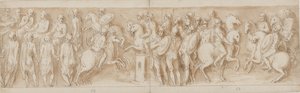 Sármatas antes do concílio imperial (final da LXII, início da LXIII); cercado por guardas, Marco Aurélio e Pompeu a cavalo assistem a uma escaramuça (XC); Nobres alemães trazendo uma mensagem (até meados de XCI)