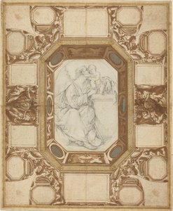 Teto com Figuras Alegóricas e Armas do Papa Sisto V (desenho exterior de Guerra); São José e o Menino Jesus (desenho central de Viani) de Giovanni Guerra and Domenico Maria Viani