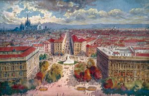 Milão / Milan: Panorama from the Castle (litografia a cores)