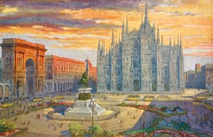 Milano / Milão: Piazza del Duomo (litografia a cores)
